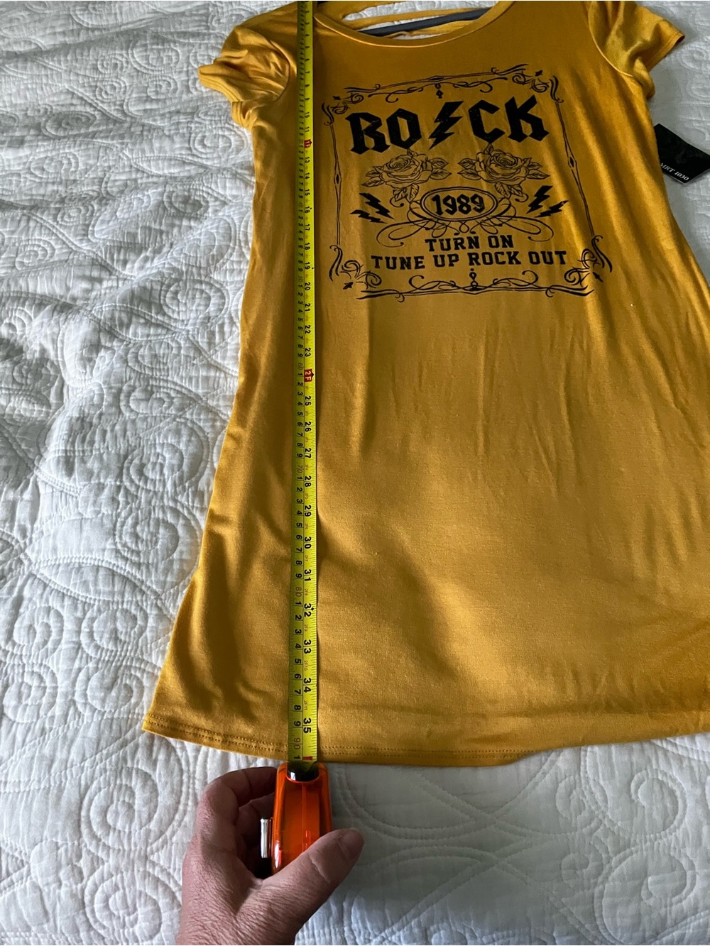 MRT 1030 Rock Graphic T-Shirt Dress XL Mustard Distressed Cutout Back Edgy - NWT - Picture 8 of 9